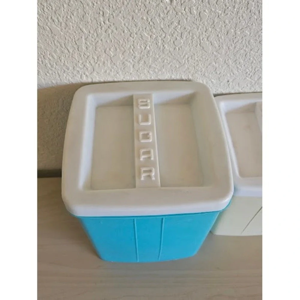 Vintage Mid Century Plastic Sugar and Coffee Canister Set Blue Cream Nesting